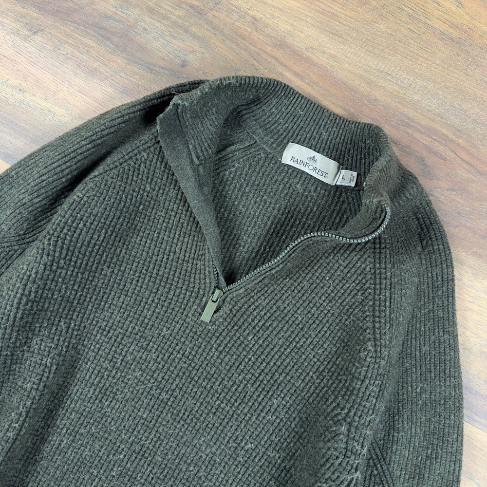 Rainforest Men Quarter Zip Sweater Large Olive Green Ribbed Knit Pullover Raglan